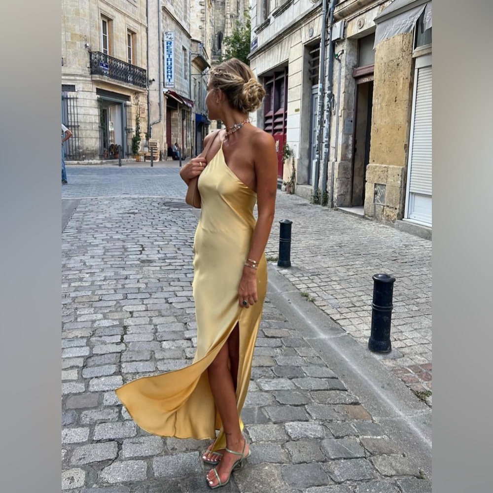 Commense Moonlight Open Back Satin Slit Long Dress - size small